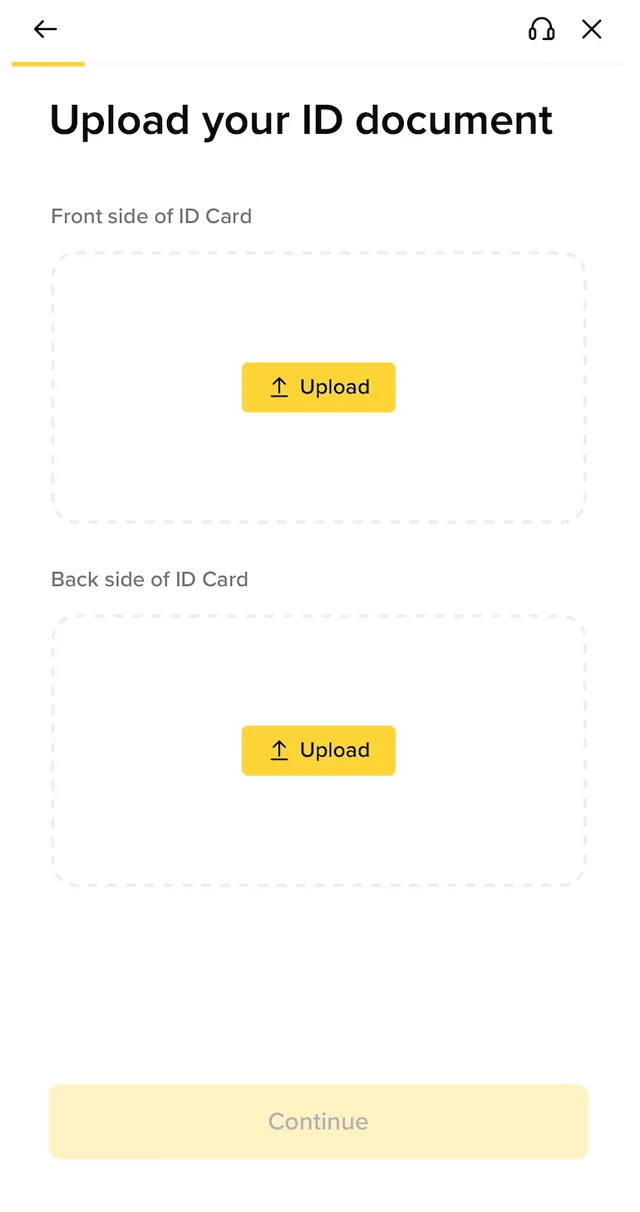 币安 App「Upload your ID document」页面截图：Front side of ID Card 与 Back side of ID Card 两个虚线上传框，各有黄色 Upload 按钮，底部 Continue 按钮未激活