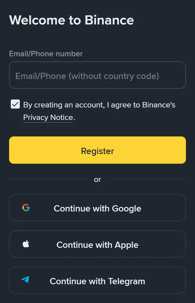 بائنانس سائن اپ پیج (انگریزی انٹرفیس): عنوان “Welcome to Binance”، ایک “Email/Phone (without country code)” خانہ، پرائیویسی نوٹس سے اتفاق کا نشان زدہ باکس، پیلا “Register” بٹن، اور نیچے “Continue with Google”، “Continue with Apple”، “Continue with Telegram” بٹن